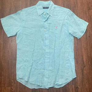 Ralph Lauren Polo Gingham Shirt Size Medium Blue 100% Linen